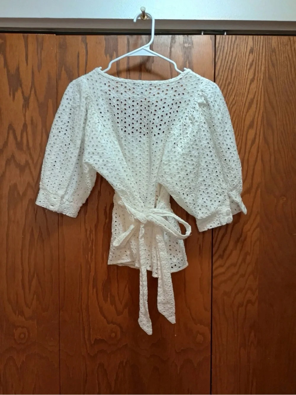 100% Cotton White Eyelet Peplum Tie-Waist Top